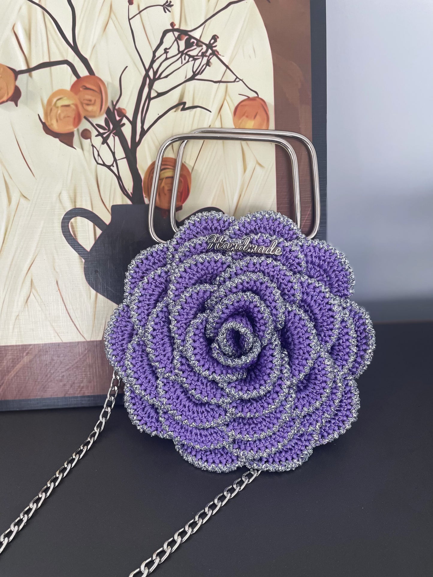 Handmade Black & Gold Camellia Crochet Bag – Elegant Flower Purse