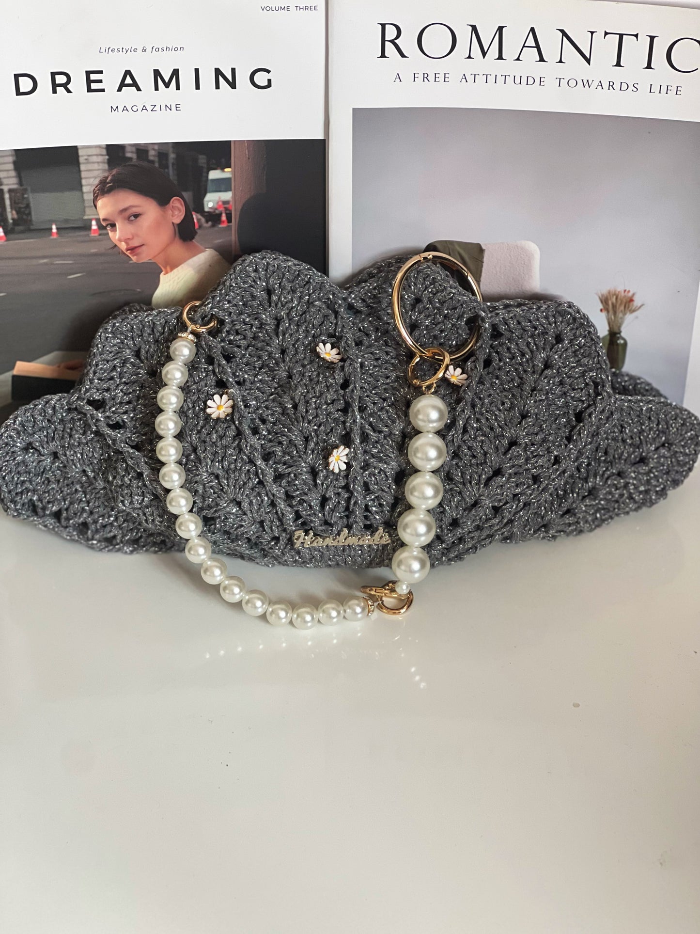 Handmade Crochet Shell Bag – Silver Hollow Cotton | 35cm Wide | Pearl Chain | Floral Embellishments