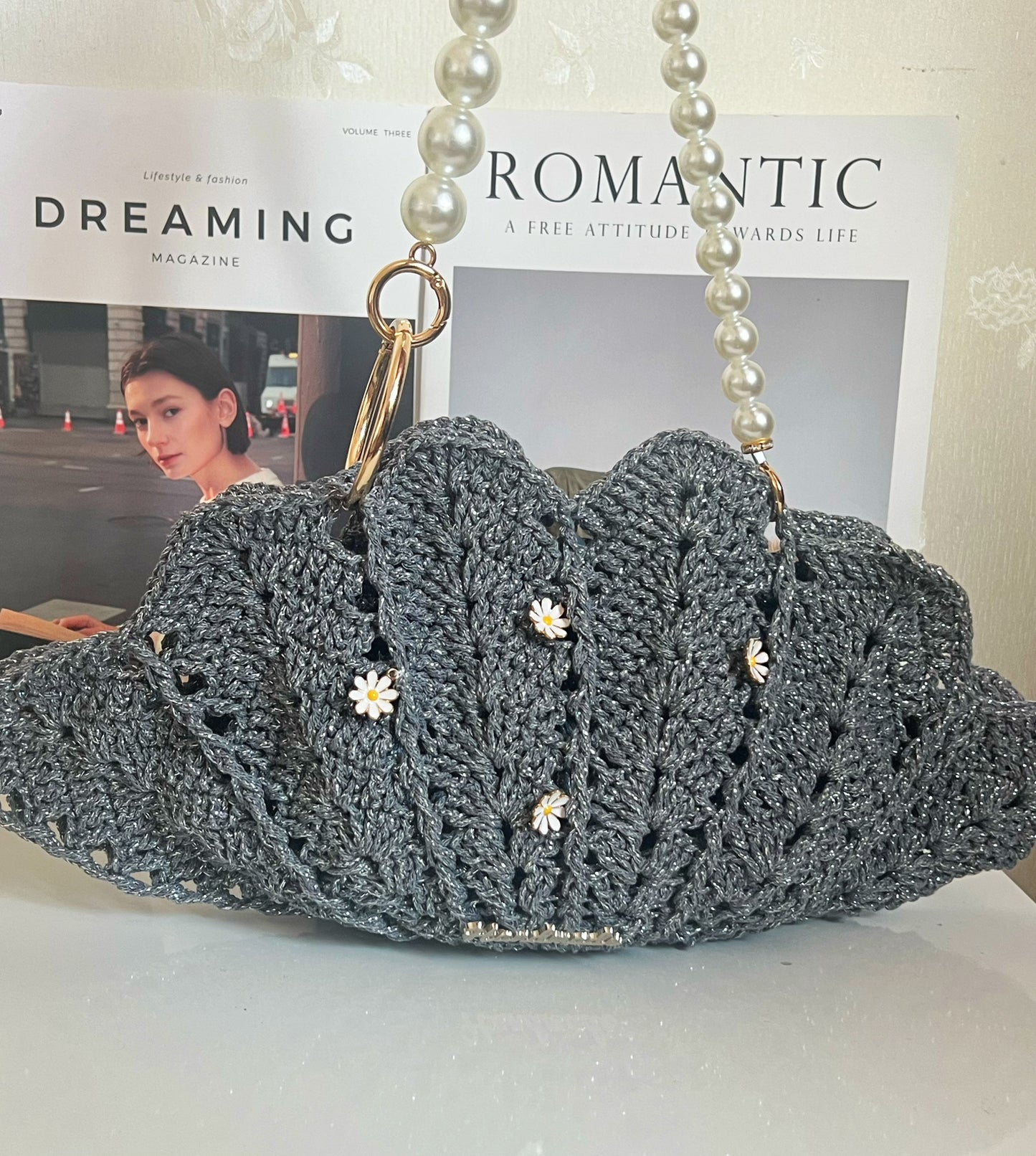 Handmade Crochet Shell Bag – Silver Hollow Cotton | 35cm Wide | Pearl Chain | Floral Embellishments