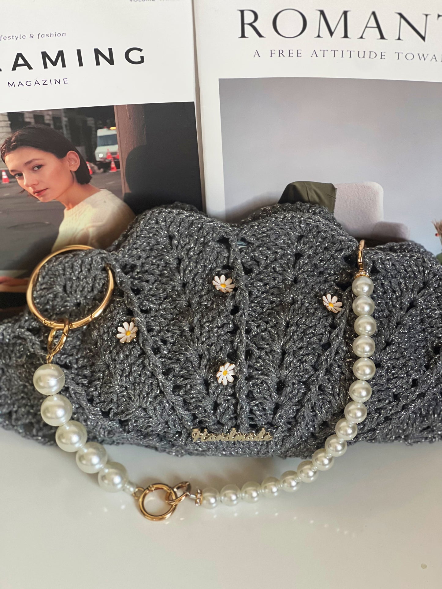Handmade Crochet Shell Bag – Silver Hollow Cotton | 35cm Wide | Pearl Chain | Floral Embellishments