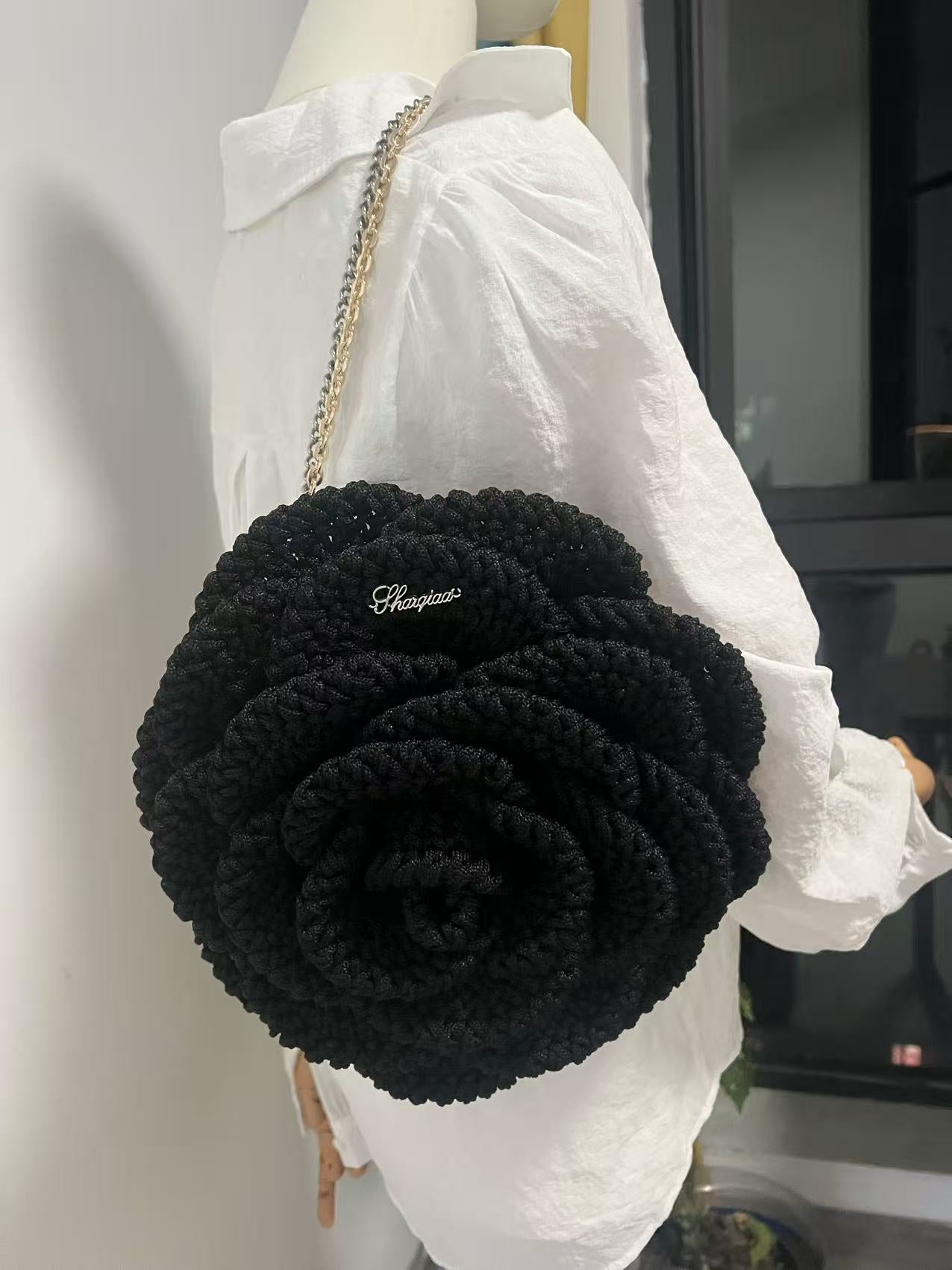 Crochet Rose Bag – Handmade Black Bloom Shoulder Bag