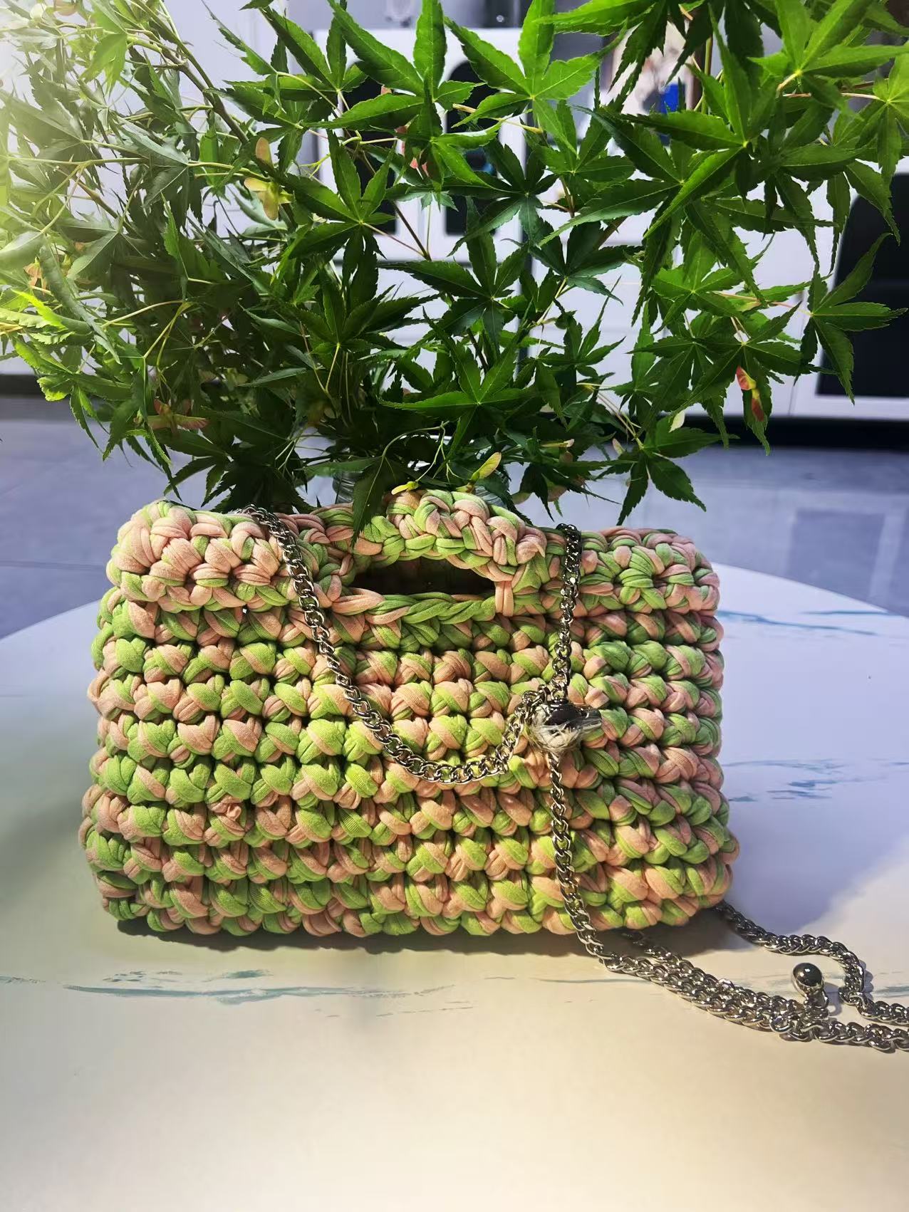 Green & Pink Crochet Mini Bag
