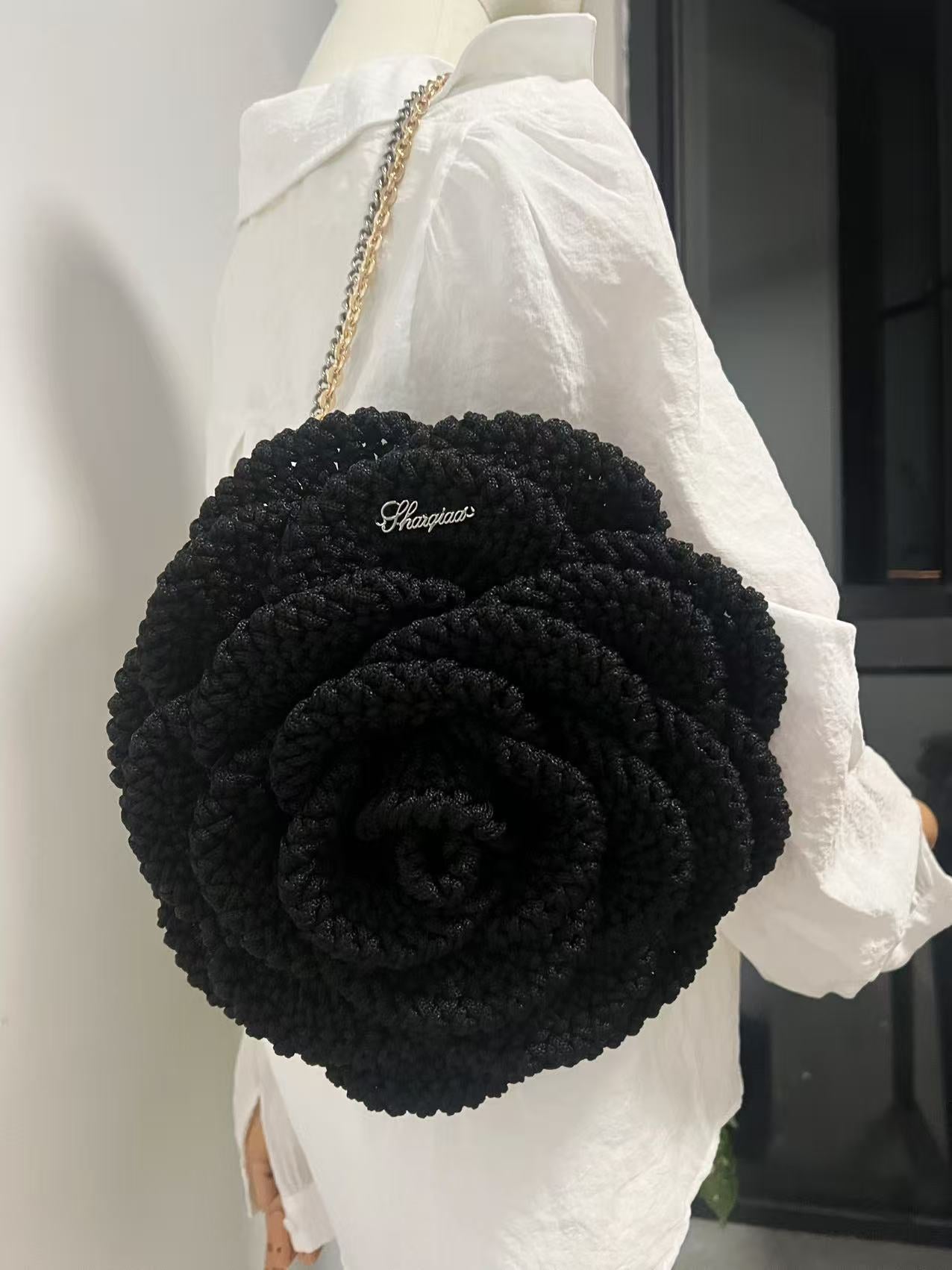 Crochet Rose Bag – Handmade Black Bloom Shoulder Bag