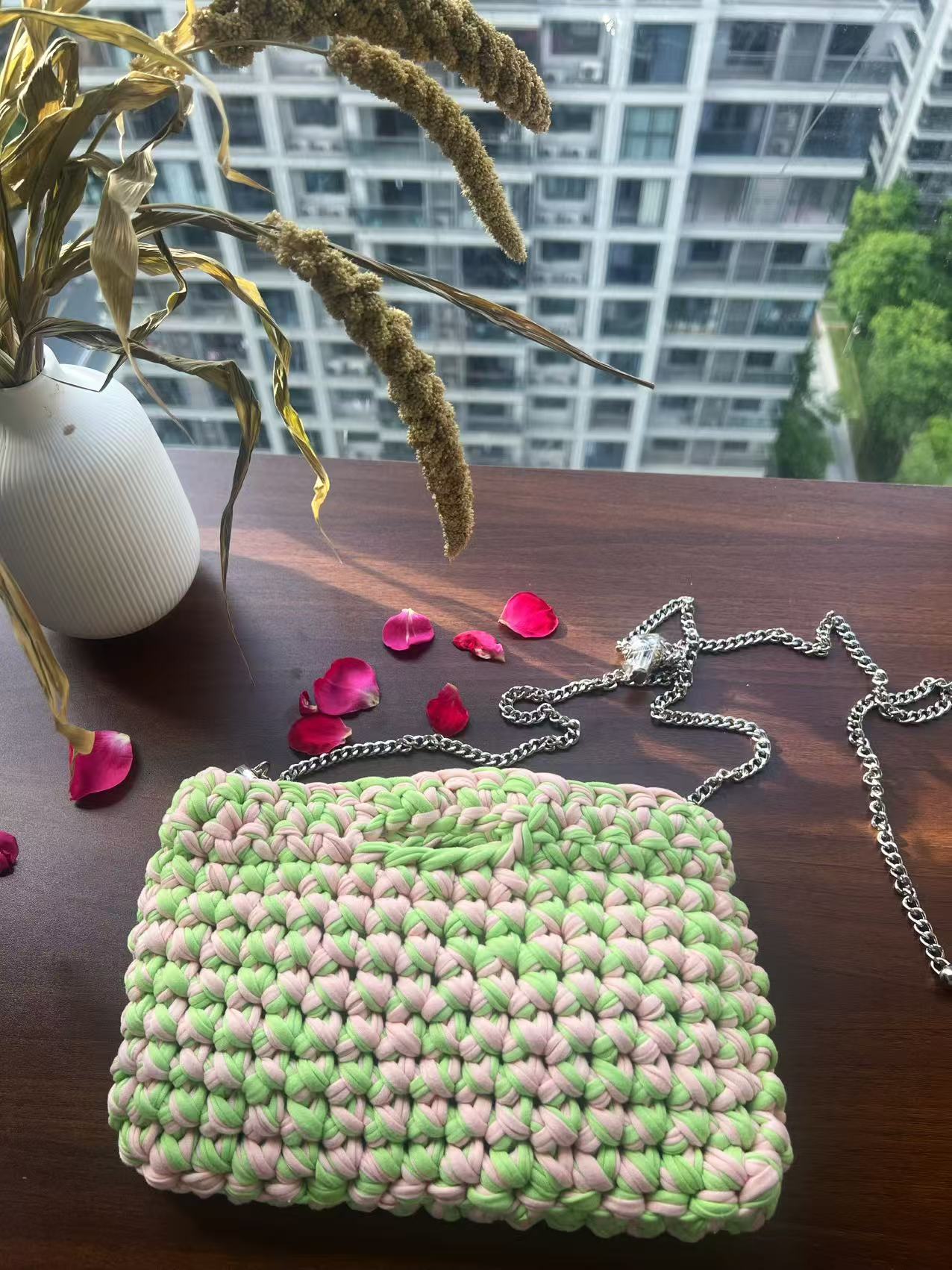 Green & Pink Crochet Mini Bag