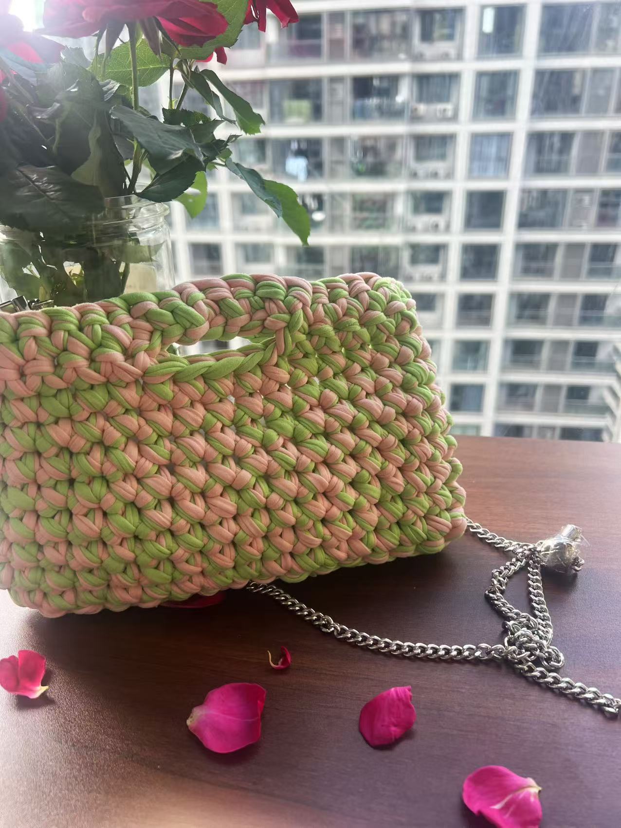 Green & Pink Crochet Mini Bag