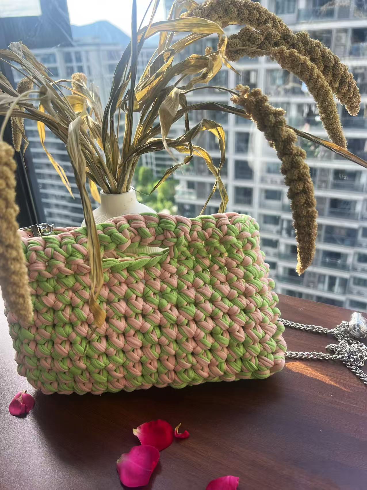 Green & Pink Crochet Mini Bag