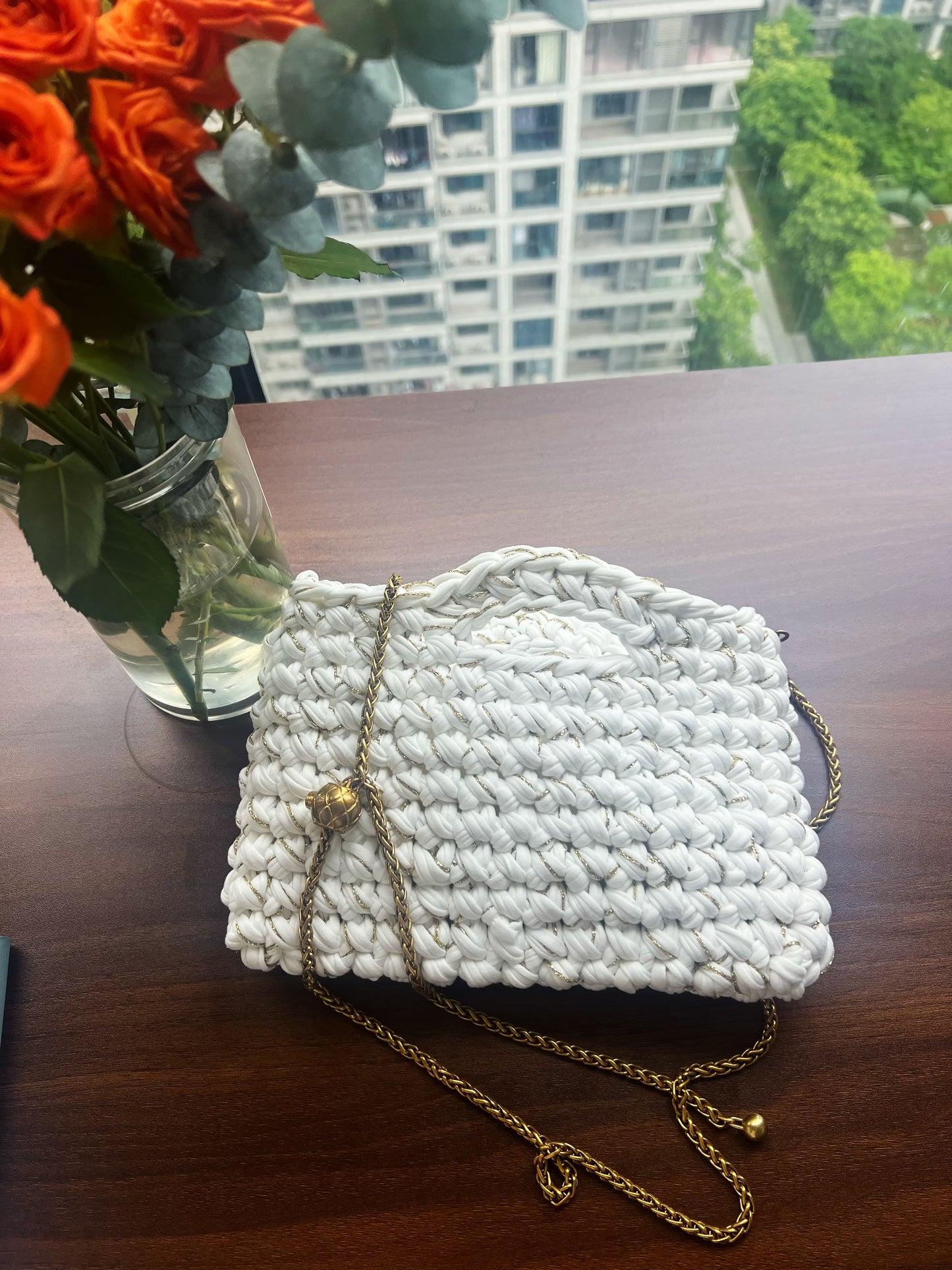 Handmade Crochet Bag – White T-shirt Yarn with Gold Thread & Vintage Chain