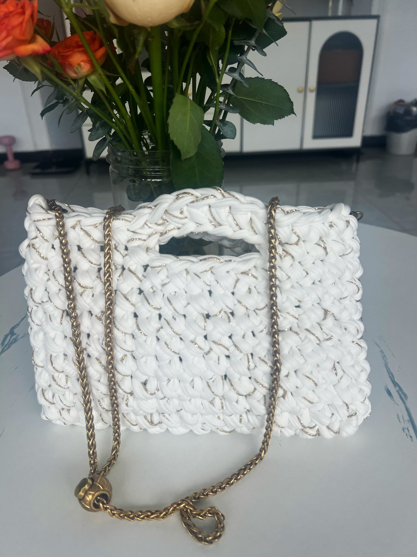Handmade Crochet Bag – White T-shirt Yarn with Gold Thread & Vintage Chain