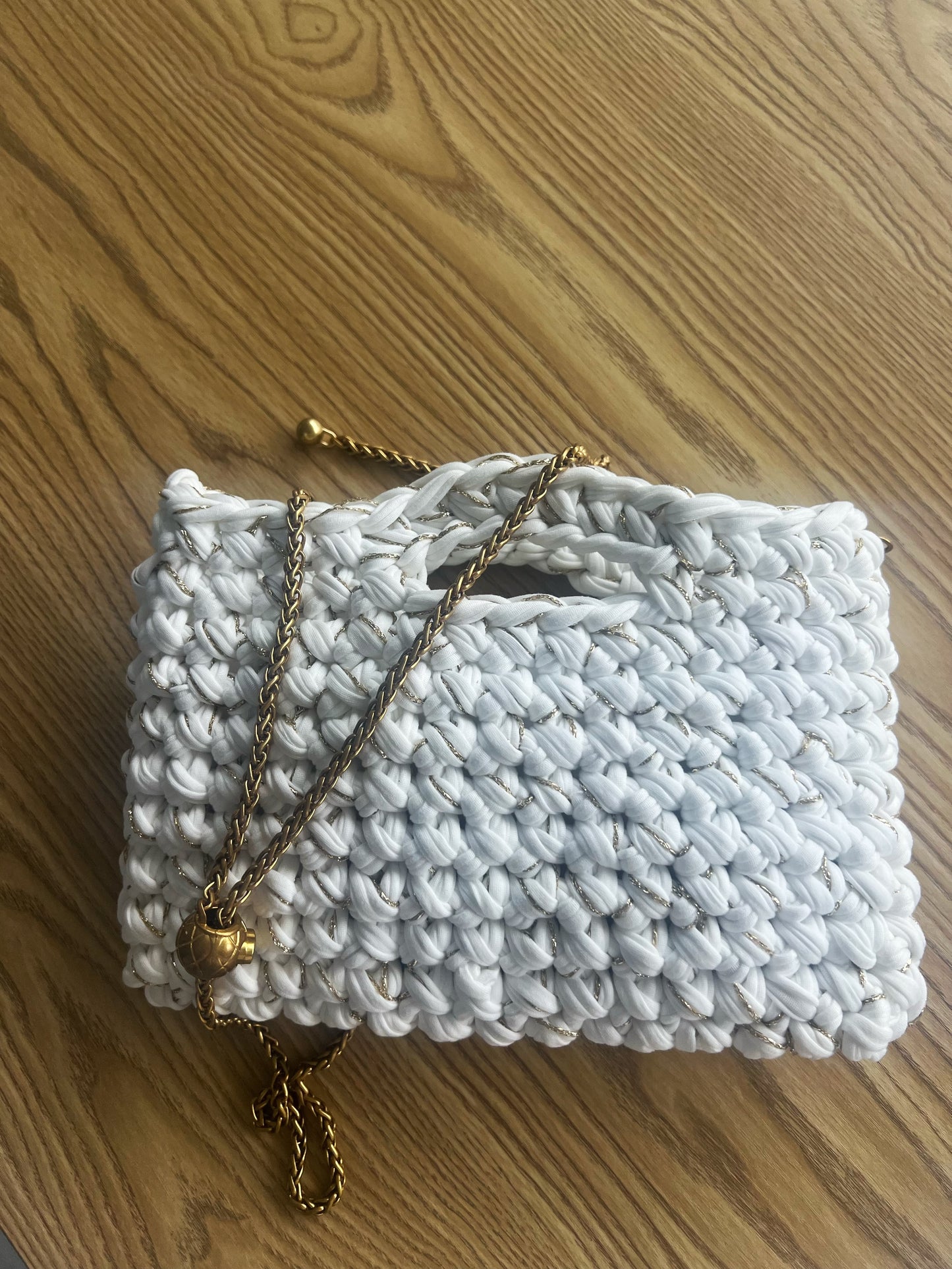 Handmade Crochet Bag – White T-shirt Yarn with Gold Thread & Vintage Chain