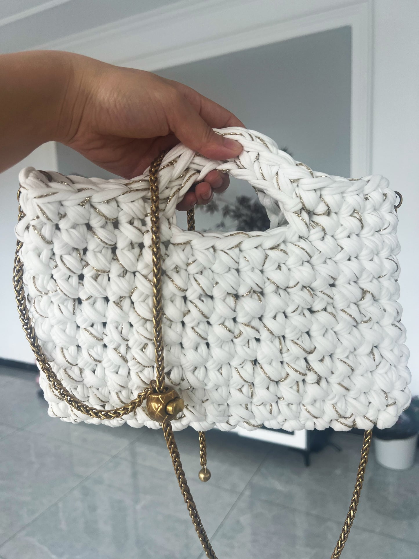 Handmade Crochet Bag – White T-shirt Yarn with Gold Thread & Vintage Chain