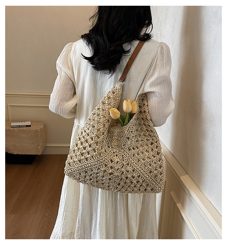 Handmade Crochet Straw Beach Bag – Boho Summer Mesh Tote for Travel & Daily Use