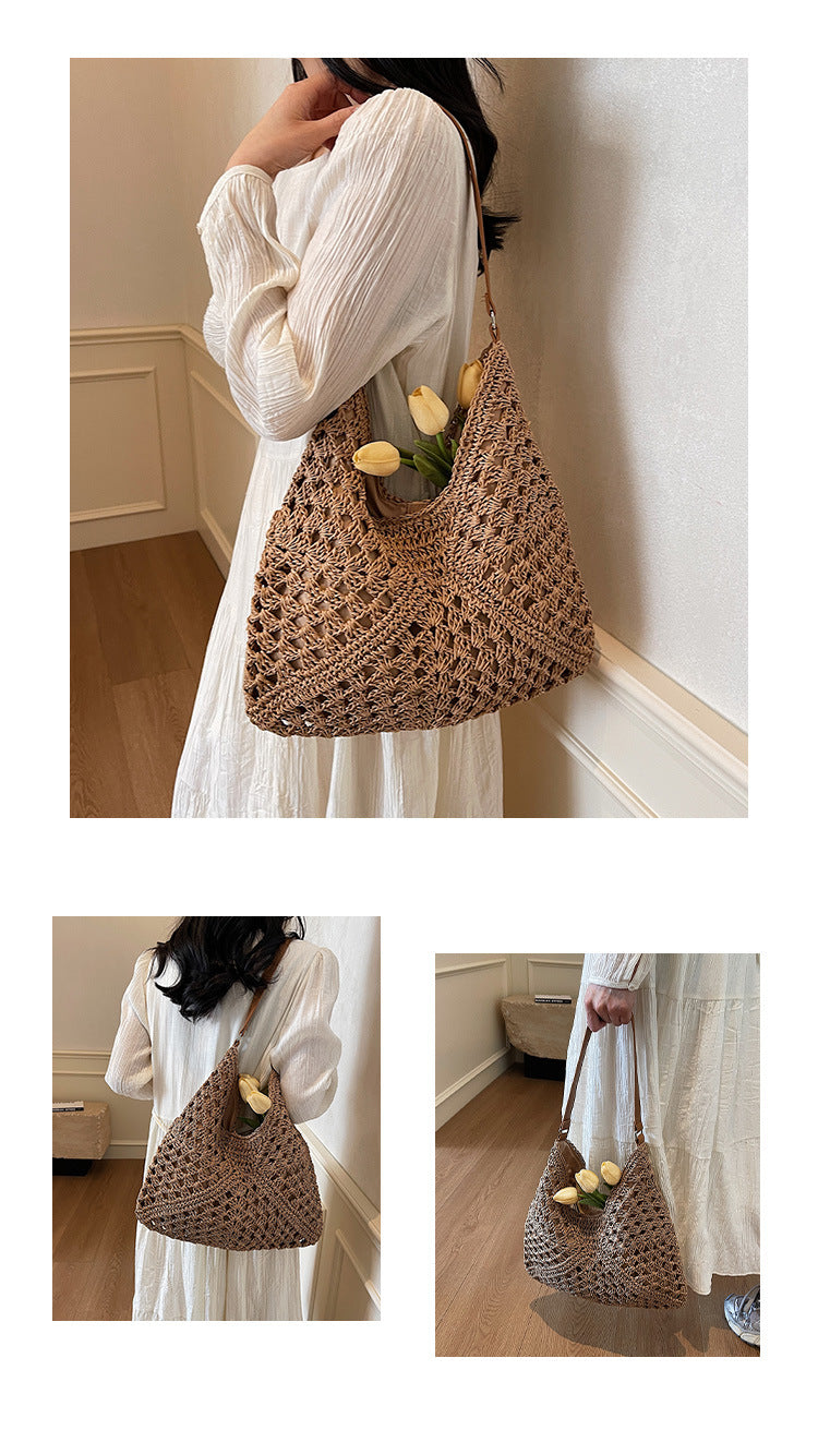 Handmade Crochet Straw Beach Bag – Boho Summer Mesh Tote for Travel & Daily Use