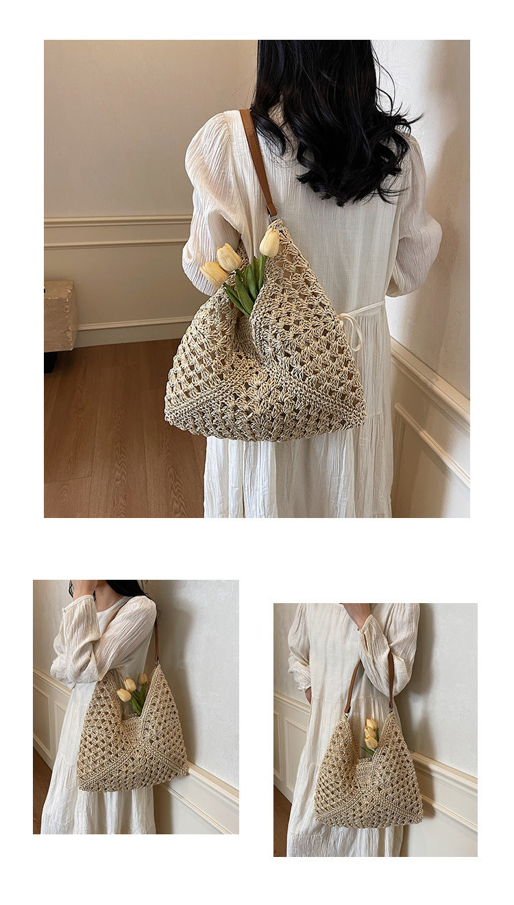 Handmade Crochet Straw Beach Bag – Boho Summer Mesh Tote for Travel & Daily Use