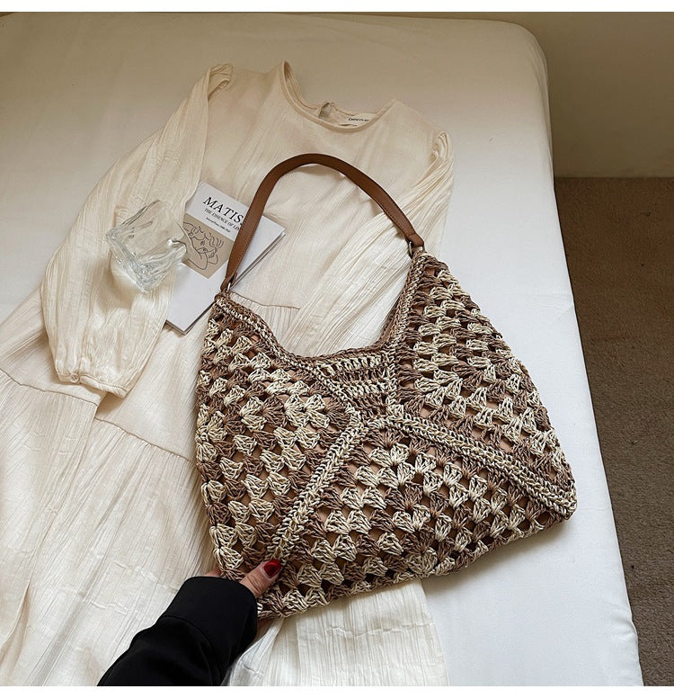 Handmade Crochet Straw Beach Bag – Boho Summer Mesh Tote for Travel & Daily Use