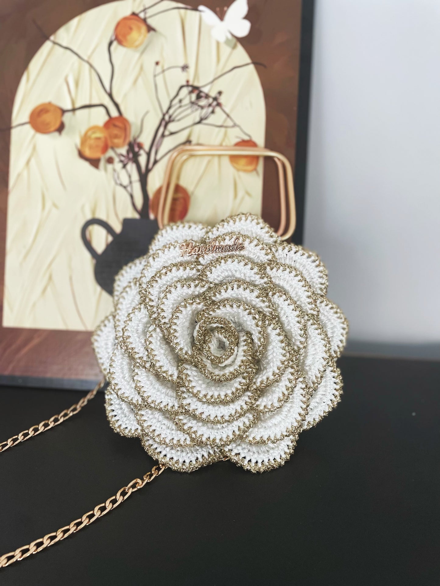 Digital Pattern + Tutorial Video– Black & Gold Camellia Crochet Bag