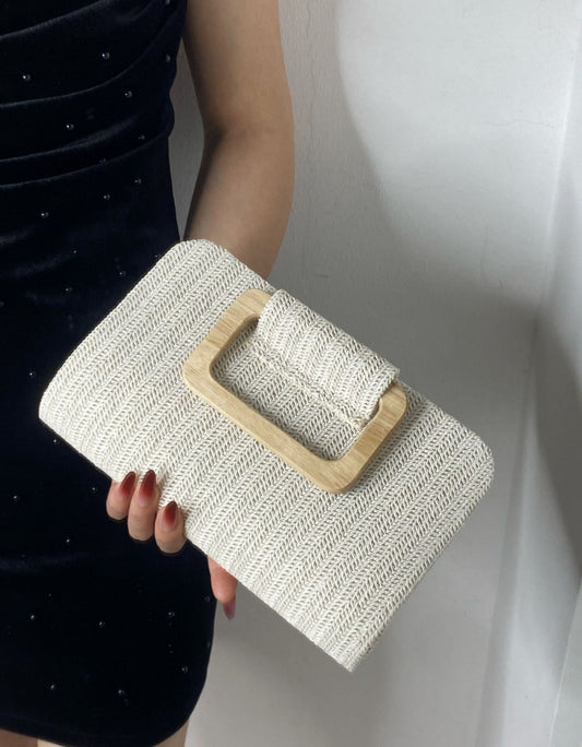 Handmade Crochet Clutch with Wooden Handle – Elegant Cream Purse