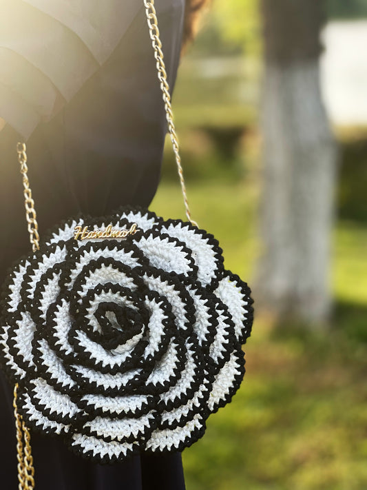 Handmade Crochet Rose Bag – Black & White | 3D Floral Purse