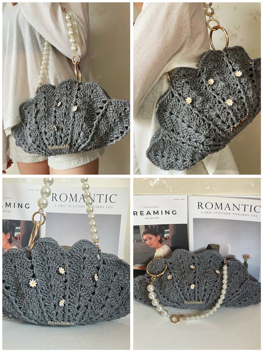 Handmade Crochet Shell Bag – Silver Hollow Cotton | 35cm Wide | Pearl Chain | Floral Embellishments