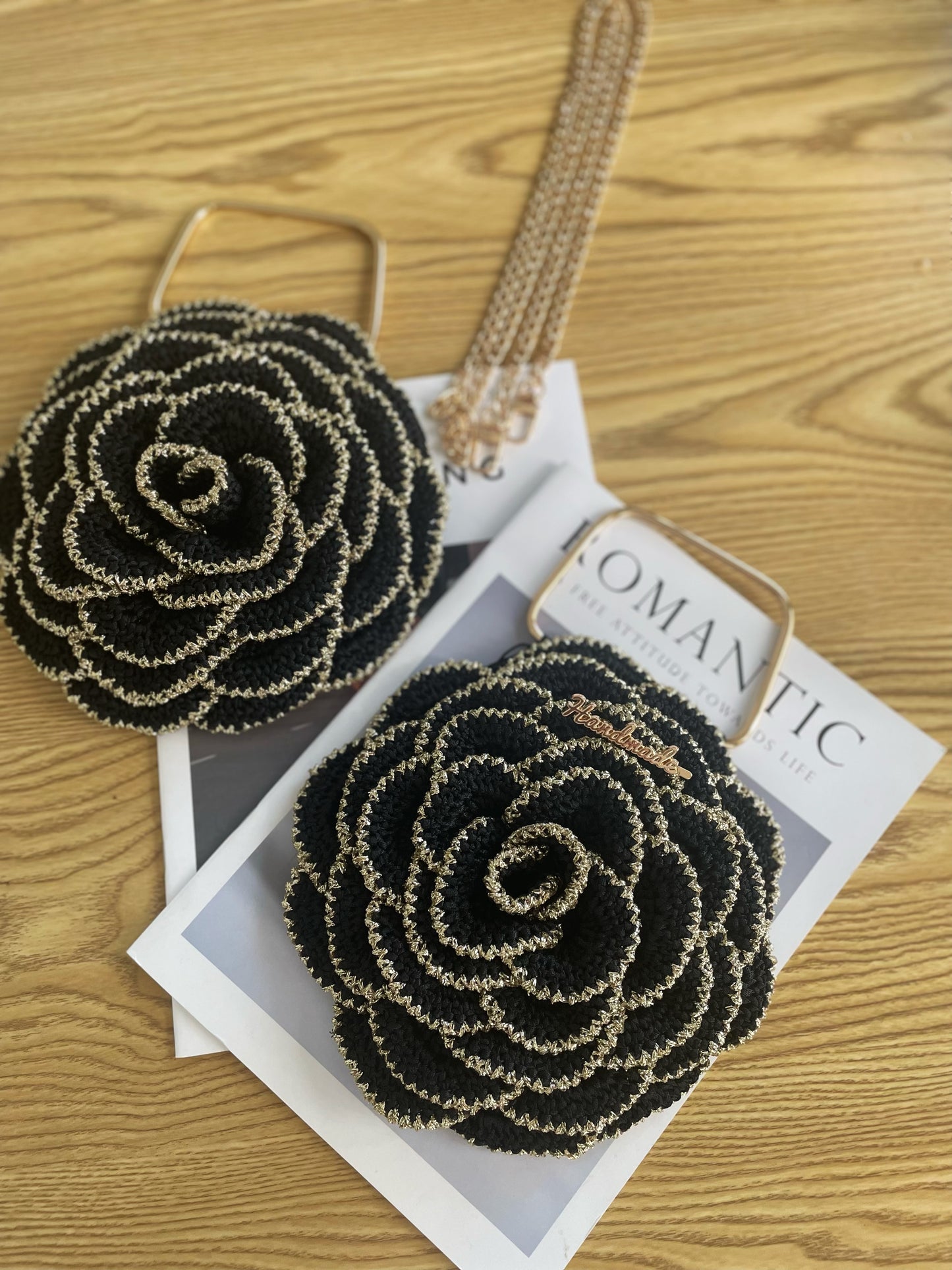 Digital Pattern + Tutorial Video– Black & Gold Camellia Crochet Bag