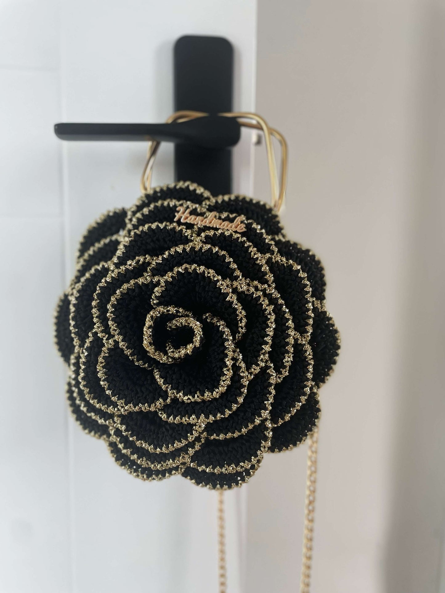 Digital Pattern + Tutorial Video– Black & Gold Camellia Crochet Bag