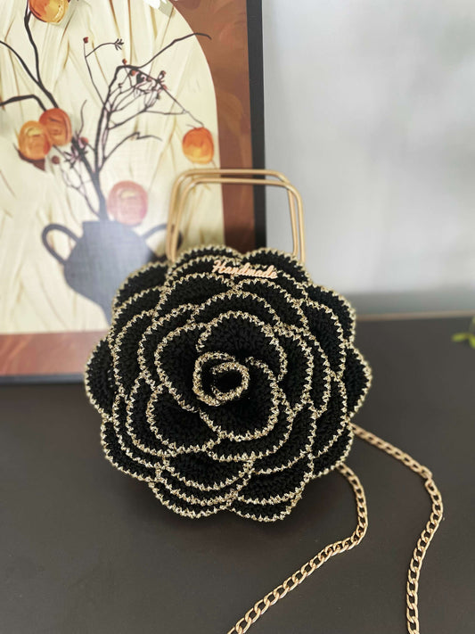 Digital Pattern + Tutorial Video– Black & Gold Camellia Crochet Bag