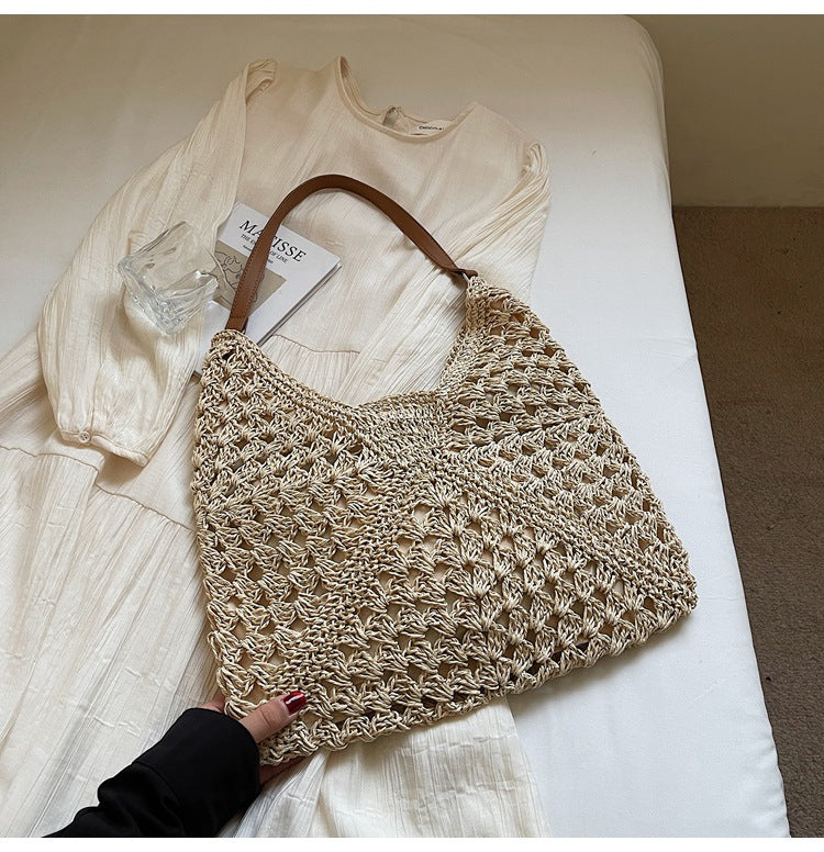 Handmade Crochet Straw Beach Bag – Boho Summer Mesh Tote for Travel & Daily Use