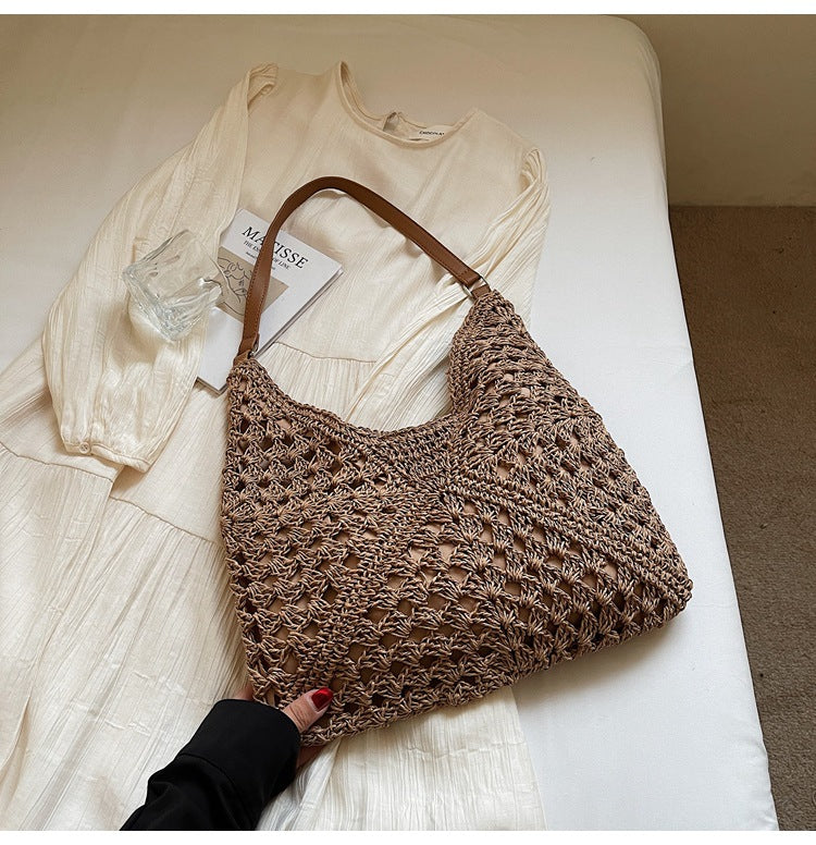 Handmade Crochet Straw Beach Bag – Boho Summer Mesh Tote for Travel & Daily Use
